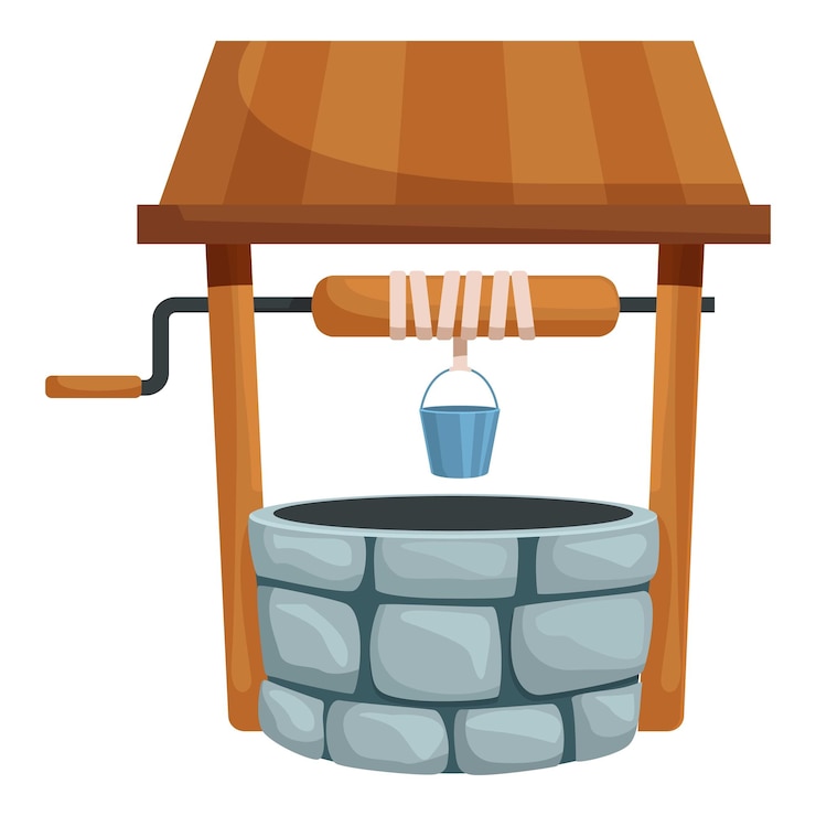 Vector old stone water well with wooden roof and metal bucket hanging on rope