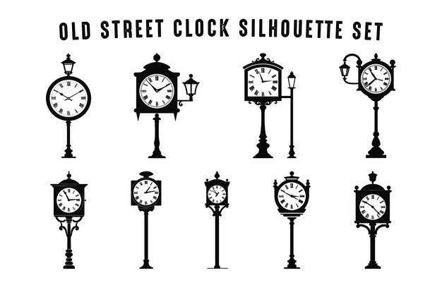 Old Street Clock Silhouette black Vector Bundle Vintage Street Lantern and Clock Silhouettes Set