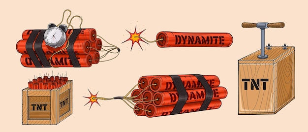 Old style dynamite set for web design. Cartoon detonator and TNT charge isolated vector illustration