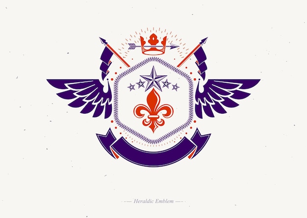 Old style heraldry, heraldic emblem, vector illustration made using imperial crown, lily flower and pentagonal stars.