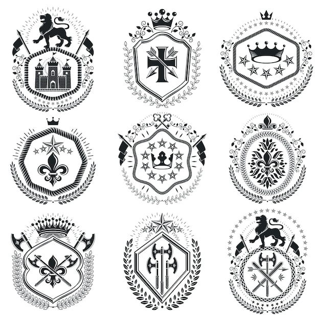 Vector old style heraldry, heraldic emblems, vector illustrations. coat of arms collection, vector set.
