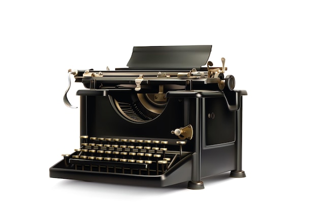 Vector old styled vintage typewriter realistic 3d vector illustration. side view typing machine