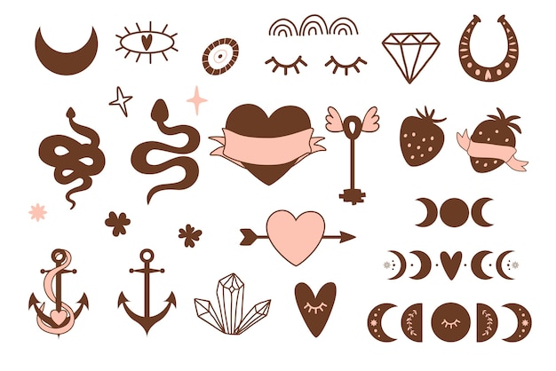 Old tattooing school colored icons set vintage tattoo logos brown pink shapes of snake heart anchor moon phase vector illustration isolated graphic element for valentines day birthday