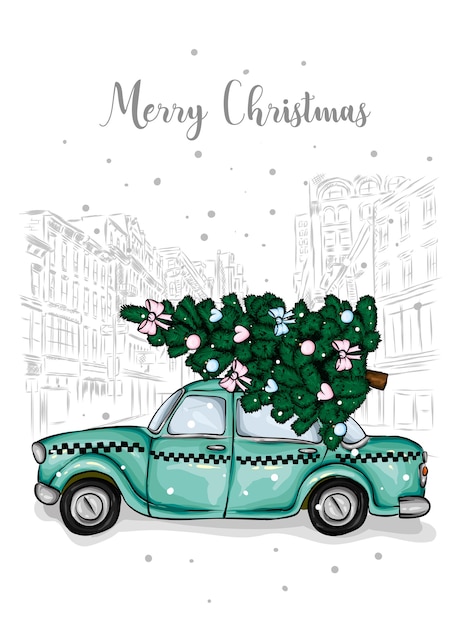 지붕에 크리스마스 나무를 가진 오래 된 택시. 벡터 일러스트 레이 션.