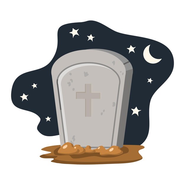 Vector old tombstone standing under night sky with moon and stars