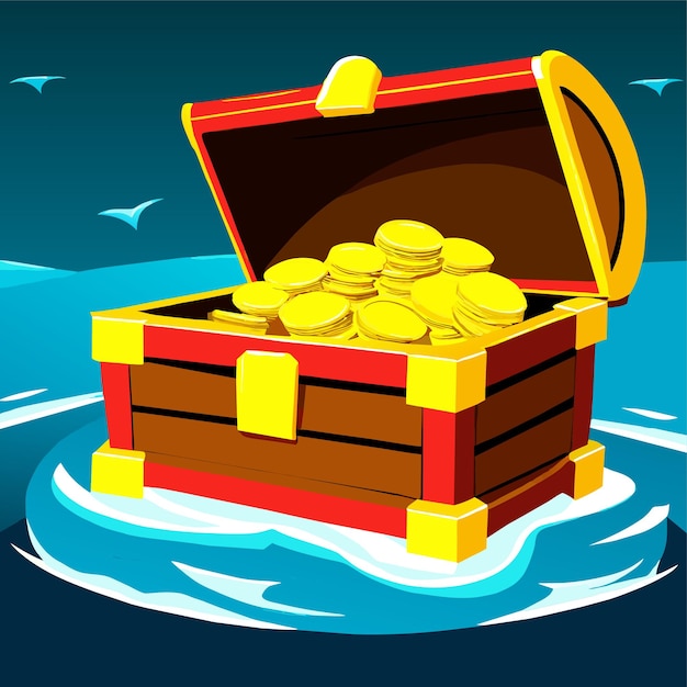 Old treasure chest with money on sea bottom vector illustration