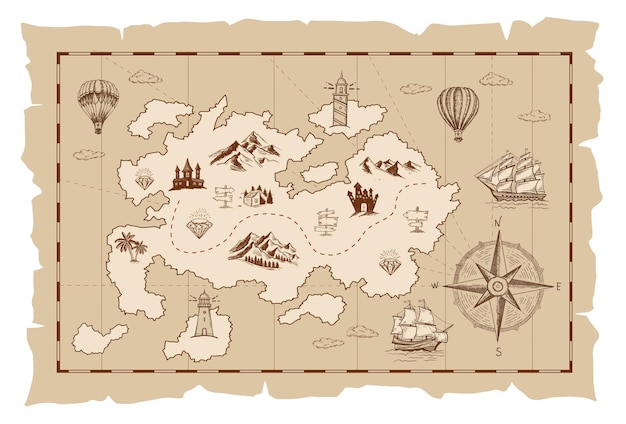 Old treasure map vector sketch. Hand drawn illustrations, vector.