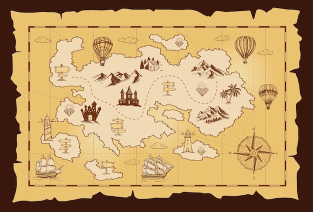 Vector old treasure map vector sketch. hand drawn illustrations, vector.