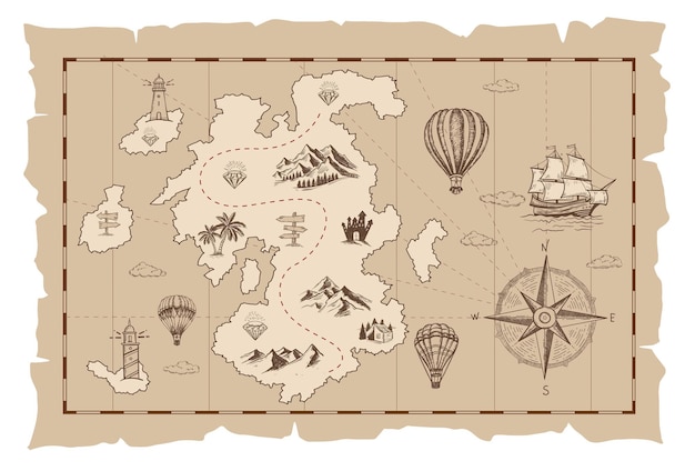 Vector old treasure map vector sketch hand drawn illustrations vector