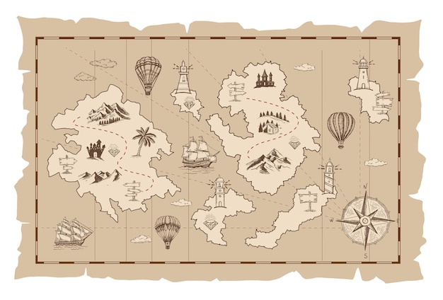 Vector old treasure map vector sketch hand drawn illustrations vector