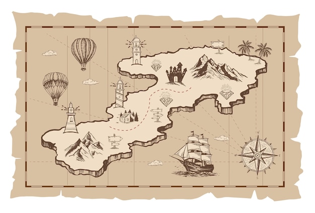 Old treasure map vector sketch handdrawn illustrations vector