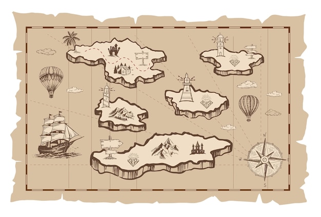 Old treasure map vector sketch Handdrawn illustrations vector