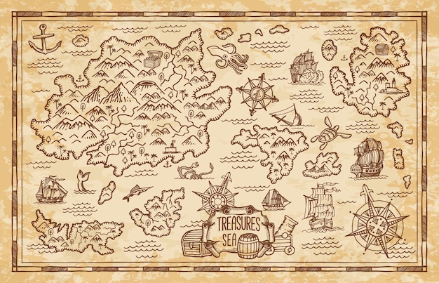 Vector old treasure map with islands of caribbean sea