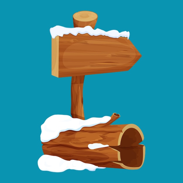 漫画風の雪と古い木の丸太と矢印の看板