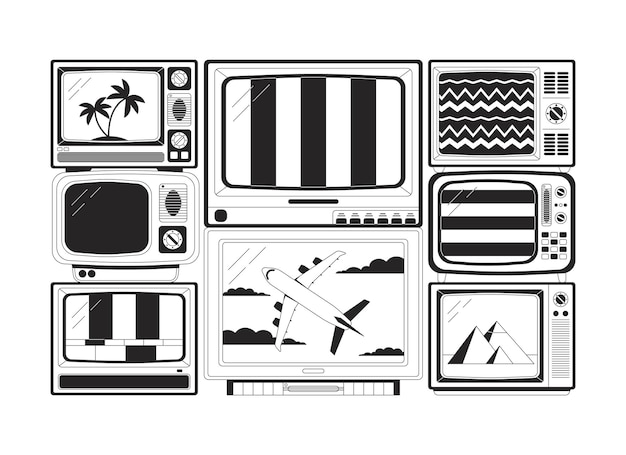 오래된 평평한 단색 고립된  ⁇ 터 객체 신호 노이즈가 없는 깨진 TV 빈티지 장치 편집 가능한 흑백 라인 아트 드로잉 웹 그래픽 디자인을 위한 간단한 윤 ⁇  스 ⁇  일러스트레이션