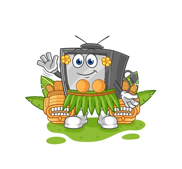 Old tv hawaiian waving character cartoon mascot vector