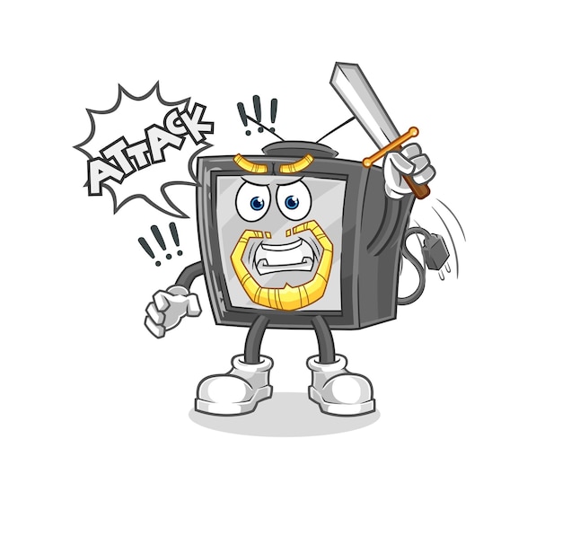 Old tv knights attack with sword cartoon mascot vector