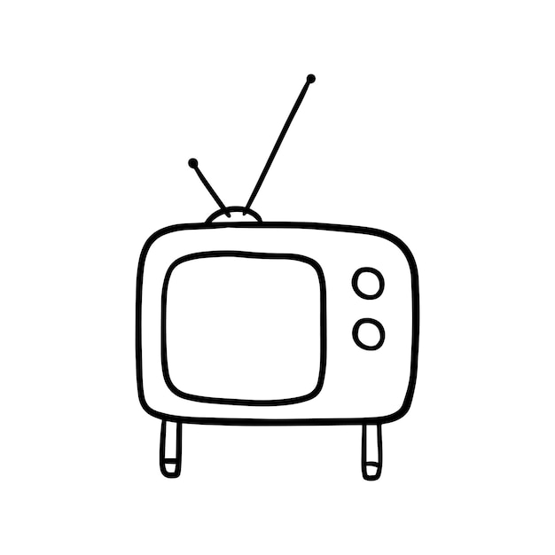 Vecchia tv sulle gambe con un'antenna per guardare la televisione tecnica di doodle lineare dei cartoni animati