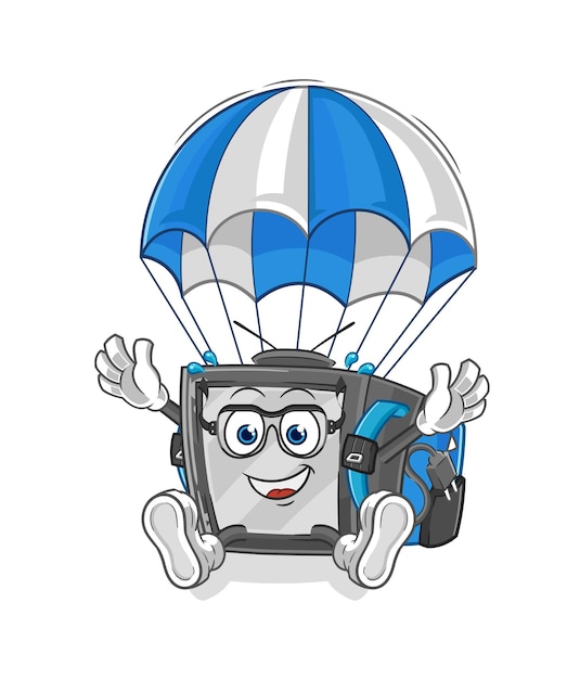 Old tv skydiving character cartoon mascot vector