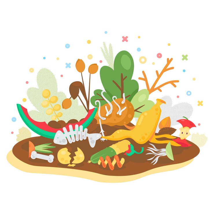 Vector old unwanted garbage heap with organic waste heap of vegetables fruits and compost organic pollution problem cartoon vector isolated on white background