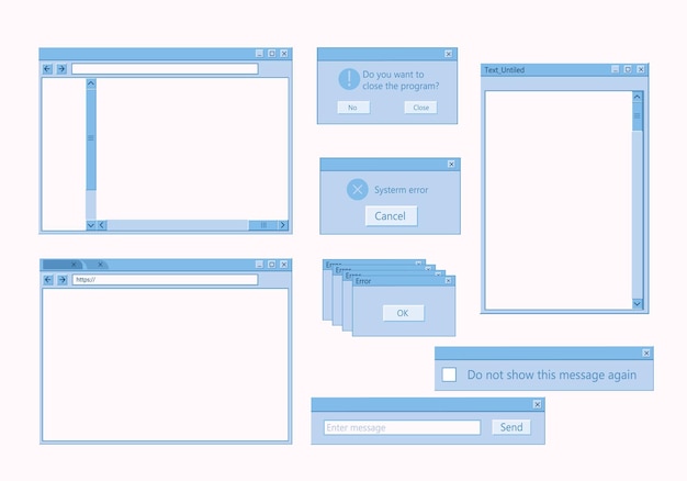 Vector old user interface old computer music and video player ui text editor and critical system error alert notification window vector illustration set