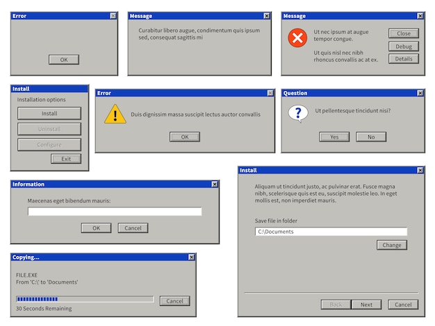 Вектор Старое окно пользовательского интерфейса. диалоговое окно браузера ретро компьютера с кнопками. предупреждающие системные сообщения всплывающие шаблоны сообщений об ошибках