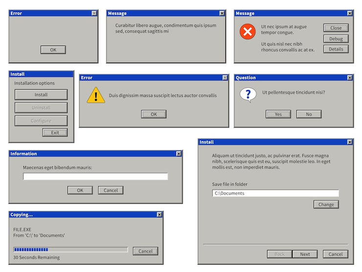 Vector old user interface window. computer retro browser dialog box with buttons. warning system messages  popup error messaging templates