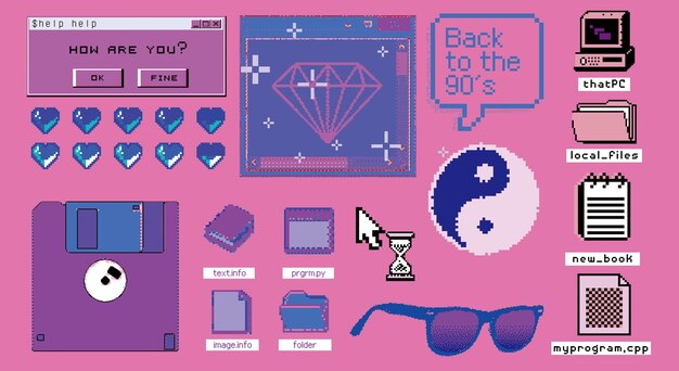 古いユーザーインターフェースのウィンドウのレトロメッセージボックスにボタン Vaporwave とレトロウェーブスタイルの要素があります