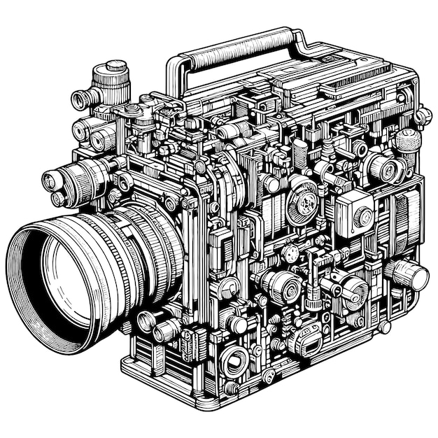 복잡한 메커니즘을 가진 오래된 비디오 카메라 스케치 보드 모방 터 생성 ai