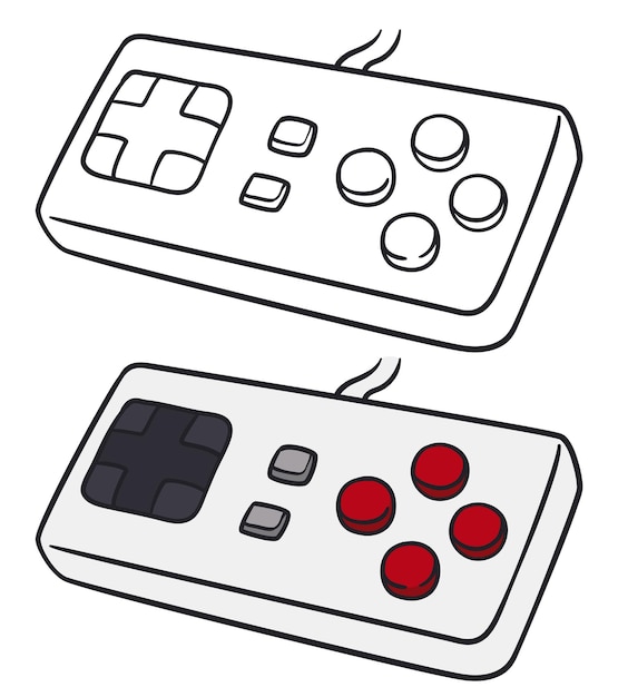 Vecchi controller per videogiochi uno incolore in stile contorno e altri in colori piatti con pulsanti