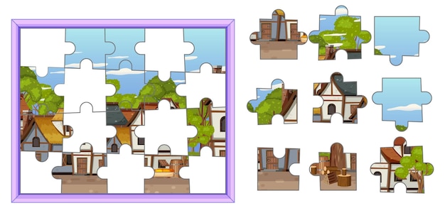 Vector old village photo jigsaw puzzle game template