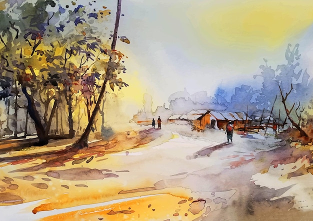 Vector old village with autumn watercolor painting