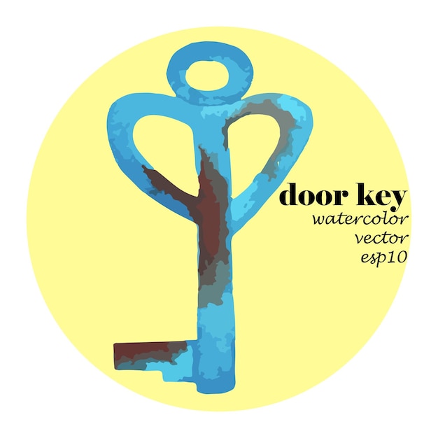 Old vintage blue door key with traces of rust, painted in watercolor on white background.