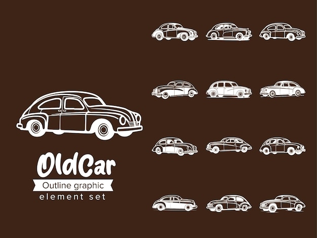 Old vintage car icon outline graphic element set