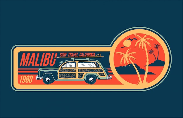 Vector old vintage car for summer surfing traveling and living on the paradise california beaches with sun sea surf.