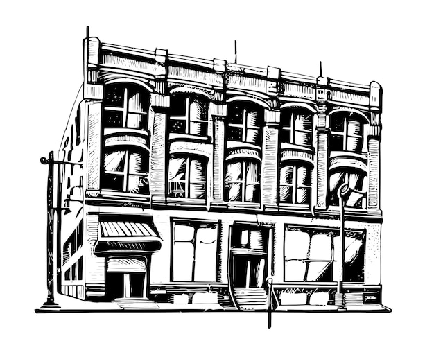 오래 된 빈티지 호텔 또는 상점 건물 낙서 스타일 벡터 일러스트 레이 션에 손으로 그린 스케치