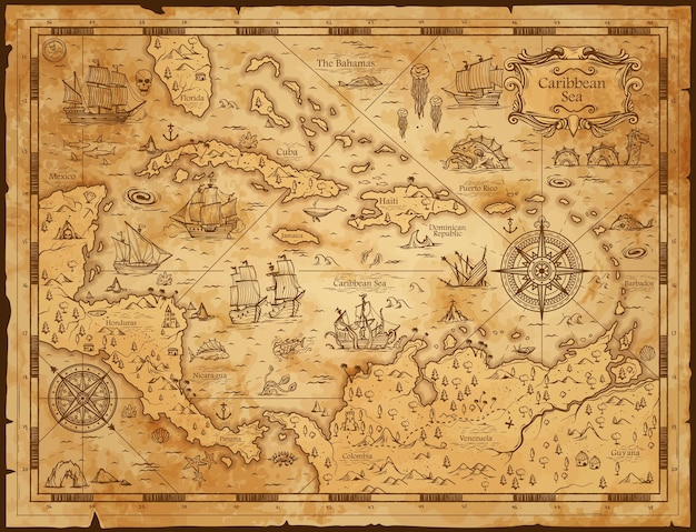 Old vintage map of caribbean sea worn parchment