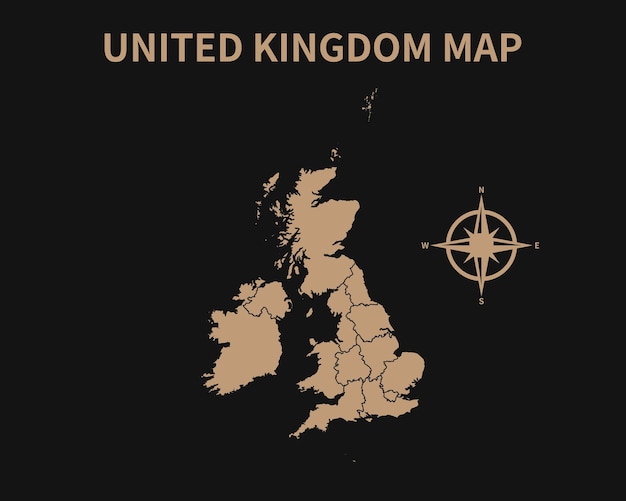 Old Vintage Map of United Kingdom with compass and Region Border isolated on Dark background