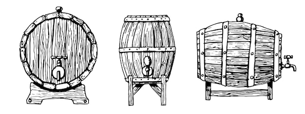 Vector old vintage oak wooden barrels with beer or winevector hand drawn sketch of kegs with whiskey for icon or logo drawing set for bub design