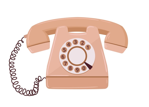 Старый винтажный телефон Мультяшный классический поворотный телефон Старый школьный телефон Плоский векторный рисунок Проводной ретро-телефон