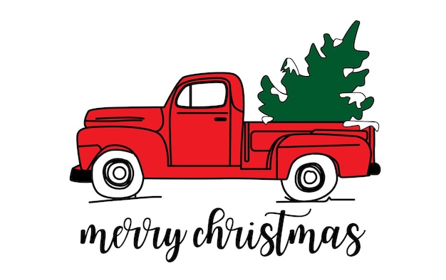 Старый винтажный красный рождественский грузовик с вектором сосны