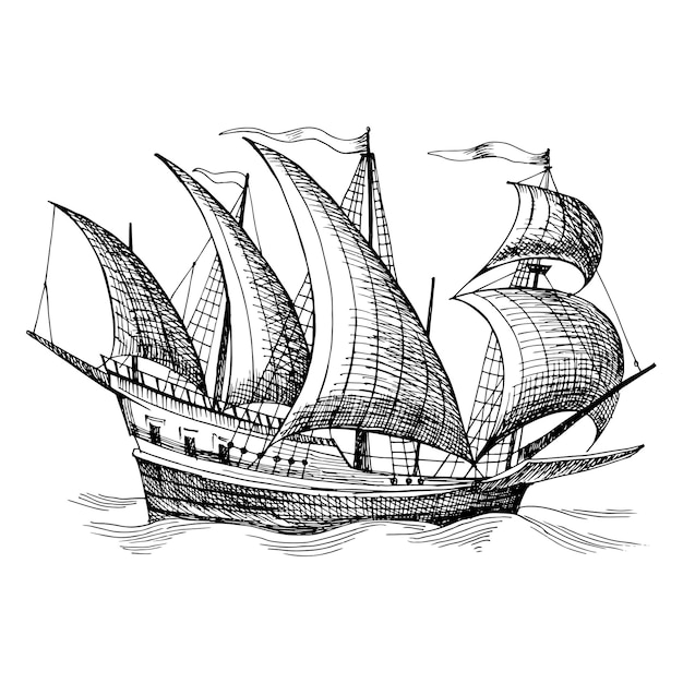 Old vintage sailing boat, caravel, hand-drawn vector sketch