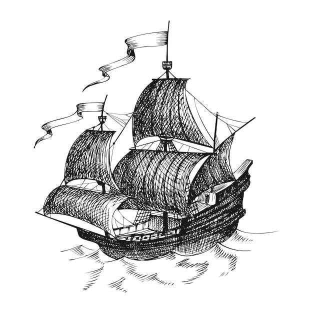 Old vintage sailing boat, caravel, hand-drawn vector sketch