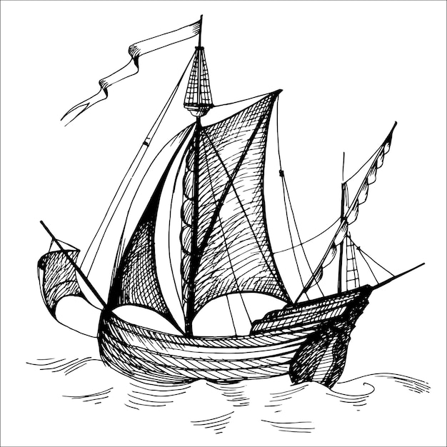 Old vintage sailing boat, caravel, hand-drawn vector sketch