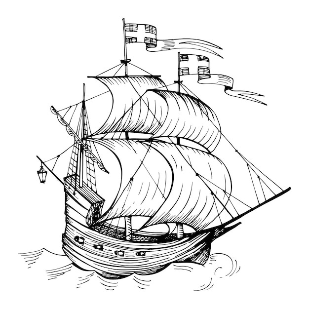 Old vintage sailing boat caravel handdrawn vector sketch