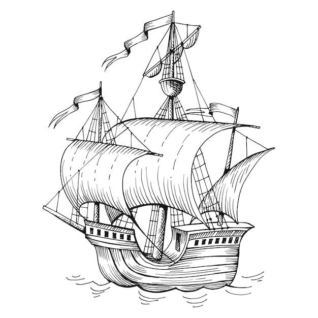 Old vintage sailing boat caravel handdrawn vector sketch