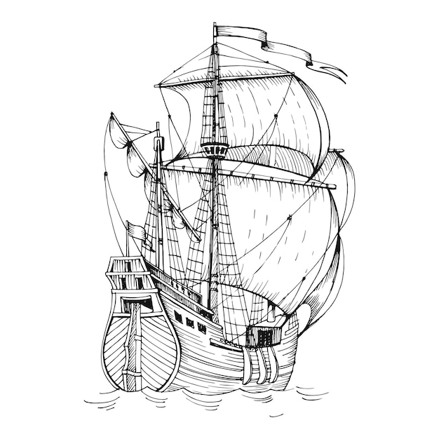 Old vintage sailing boat caravel handdrawn vector sketch