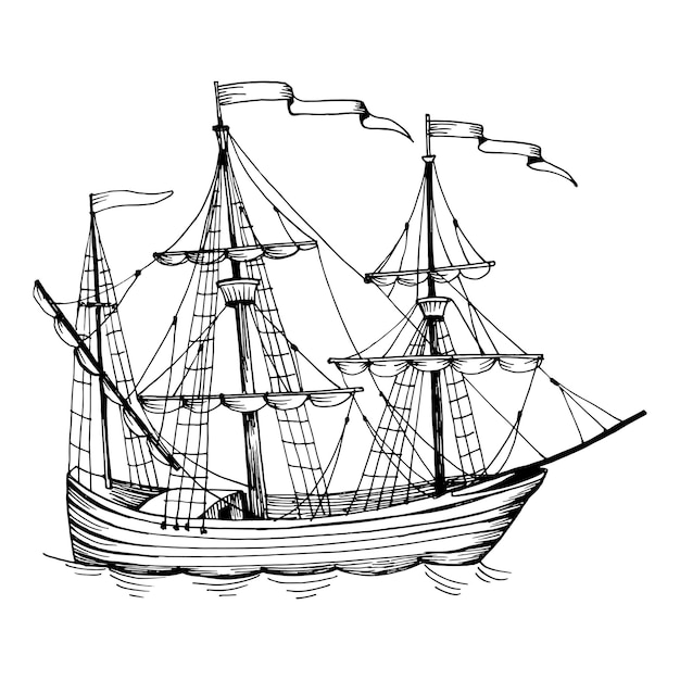 古いヴィンテージ帆船キャラベル手描きベクトルスケッチ