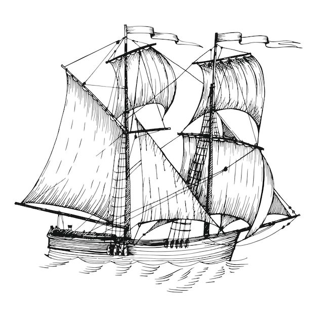 Old vintage sailing boat caravel handdrawn vector sketch