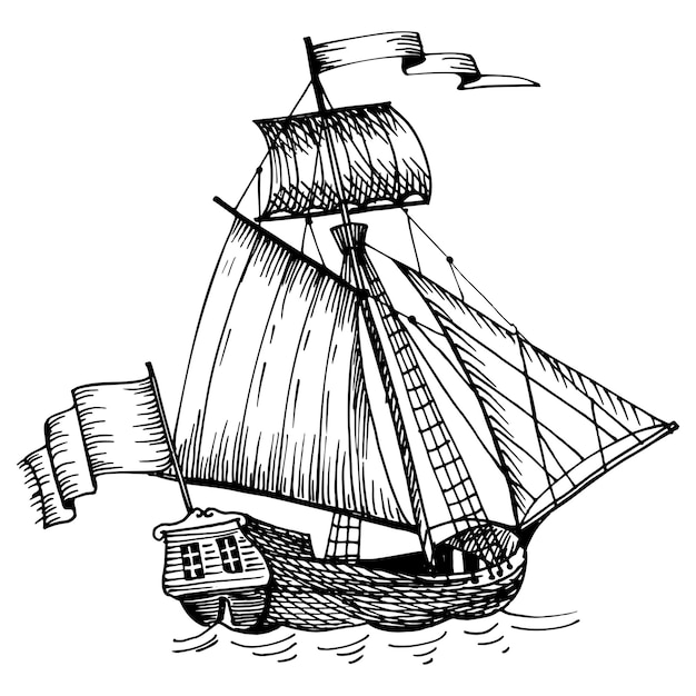 Vector old vintage sailing boat caravel handdrawn vector sketch